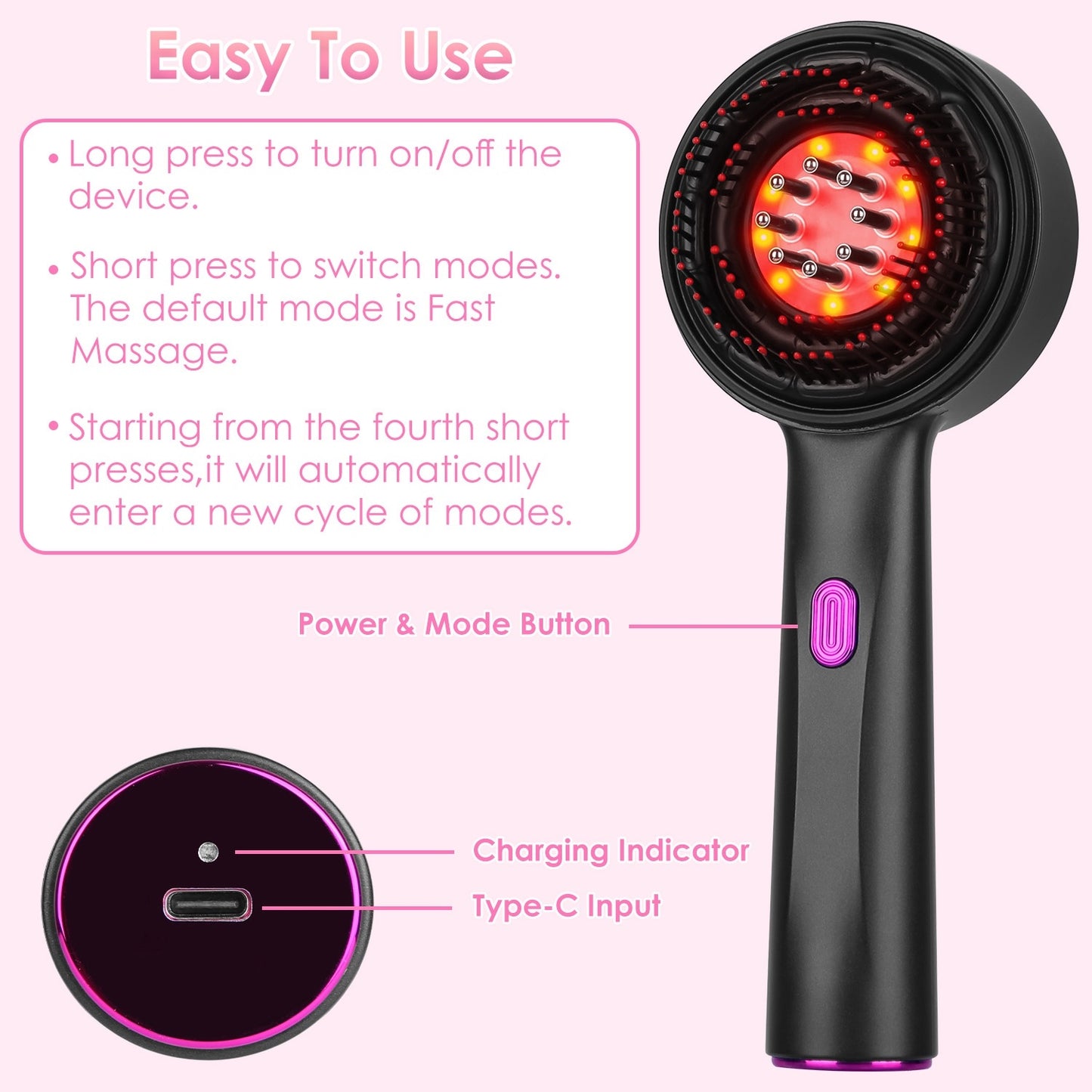 Waterproof 3-in-1 Red Light Hair Oil Applicator Scalp Massager Brush