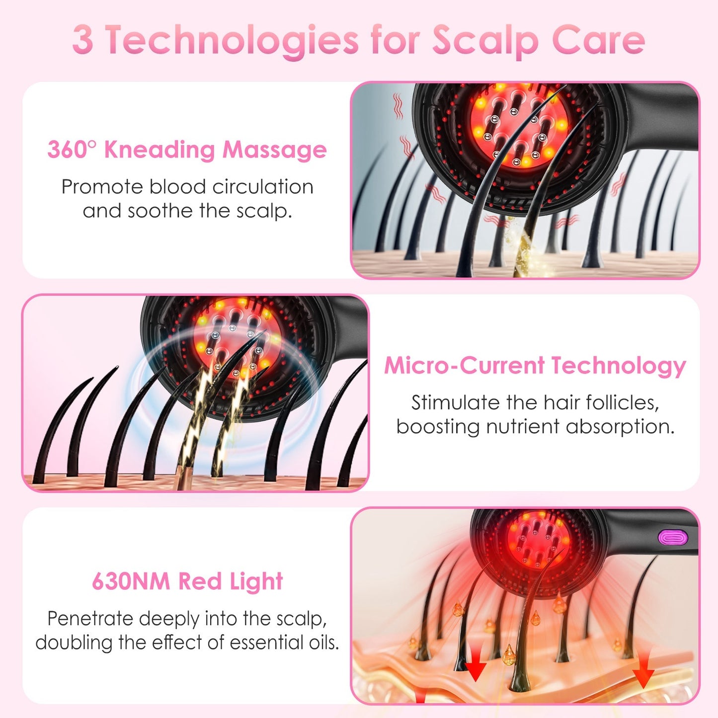 Waterproof 3-in-1 Red Light Hair Oil Applicator Scalp Massager Brush